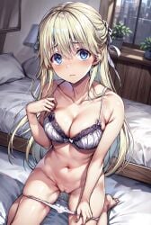 ai_generated bed bed_sheet bedroom blonde_hair blue_eyes classroom_of_the_elite looking_at_viewer nanase_tsubasa on_knees pants_down uncensored white_bra white_panties youkoso_jitsuryoku_shijou_shugi_no_kyoushitsu_e