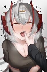 1boy 1girls 2024 ? ahoge arknights eroborne hi_res horns hypnosis light-skinned_female light_skin mind_control mouth_hold open_mouth pov short_hair smile tongue tongue_out w_(arknights) white_hair