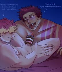 2boys caulknballs charlotte_katakuri dessert donut donut_on_penis donuts drooling fear food_play gay male_only multiple_boys original_character sweatdrop teeth teeth_showing