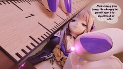 2girls 3d 3d_(artwork) 3d_model doll doll_joints english_text giantess herta_(honkai:_star_rail) honkai:_star_rail honkai_(series) measuring minigirl ruler sad-bag shrinking silver_wolf_(honkai:_star_rail)