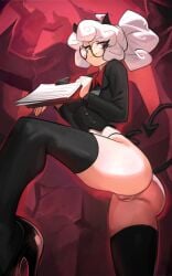 ass black_jacket black_thighhighs bloop demon demon_girl demon_horns demon_tail female from_below helltaker high_heels highres horns jacket looking_at_viewer pandemonica_(helltaker) pussy red_eyes red_shirt round_eyewear shirt tail thighhighs