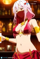 ai_generated arabian_clothes bar curvy curvy_figure dancer_outfit female guilty_crown jewelry juanpi_amvs long_hair medium_breasts patreon patreon_username pink_hair red_eyes standing tavern veil watermark yuzuriha_inori