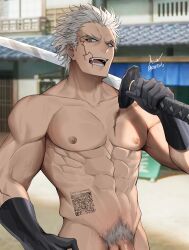 1boy abs absurdres asa_ifrit_(asaifrit) bara black_gloves completely_nude fate/grand_order fate_(series) forked_eyebrows frown gloves groin head_tilt highres large_pectorals looking_at_viewer male_focus male_pubic_hair muscular muscular_male nagakura_shinpachi_(fate) navel nipples nude obliques out-of-frame_censoring over_shoulder pectorals pubic_hair scar scar_on_cheek scar_on_face short_hair solo stomach sword sword_over_shoulder thick_eyebrows tsurime v-taper wavy_hair weapon weapon_over_shoulder white_hair