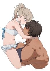 2girls black_hair blonde_hair blue_eyes breasts brown_hair chocolate_and_vanilla clothed_sex dark-skinned_female dark_skin eye_contact height_difference highres huge_breasts humping interracial interracial_yuri kei_(m_k) light_blush long_hair looking_at_another m_k multiple_girls original ponytail red_eyes rika_(m_k) short_hair simple_background size_difference sweat tall tall_female tan tomboy toned white_background yuri