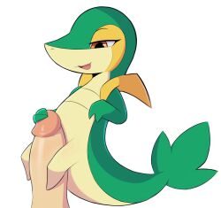 2023 arteficialtrees green_body hugging_penis male nintendo orange_eyes penis pokemon pokemon_(species) snivy tan_body white_background