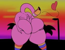 absurd_res anthro ass avian bellyboi13 big_butt bird flamingo hi_res holding_butt huge_butt long_neck looking_back male simple_background solo thick_thighs