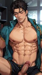 1boy ai_generated black_hair boxers boxers_(clothing) closed_eyes erection jojo's_bizarre_adventure jotaro_kujo male male_only muscular_male pecs penis penis_out_of_underwear pubic_hair solo stardust_crusaders veiny_penis