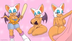 ass baseball_bat bedroom_eyes behind_view big_breasts bikini breasts chunkiroll clothed eyeliner nude rouge_the_bat shorts sonic_(series) tagme wings