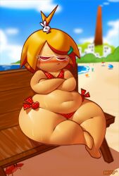 arms_crossed beach bench bottom_heavy cookie_run crab fat flat_chest mintrimo mustard_cookie overweight overweight_female sweat tagme thick_thighs yellow_hair