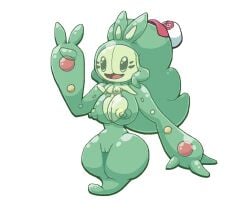 2023 3_fingers alpha_channel alternate_species anthro areola biped breasts chabble clothing curvy_figure digital_media_(artwork) female fingers generation_5_pokemon gesture green_body hat headgear headwear hilda_(pokemon) nintendo nipples open_mouth open_smile pokemon pokemon_(species) pokemorph reuniclus smile solo transparent_background v_sign wide_hips