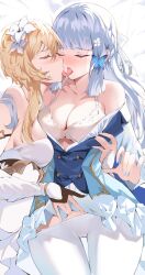 2girls aroused blue_fingernails blue_nipples blush bra breasts_to_breasts cameltoe closed_eyes fondling genshin_impact hoyoverse kamisato_ayaka kamisato_ayaka_(springbloom_missive) kissing lace-trimmed_bra large_breasts lesbian_kiss lumine_(genshin_impact) multiple_girls painted_nails pantyhose_down shiben_(ugvu5784) white_pantyhose yuri