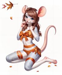 1girls ai_generated autumn_leaves blue_eyes bluepartyhatboii blush breasts brown_hair claws female female_only furry furry_only grey_body grey_fur hair mouse mouse_ears mouse_girl mouse_tail murid murid_humanoid navel on_knees paws signature simple_background small_breasts tail