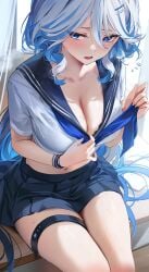 1girls alternate_breast_size big_breasts blush breasts busty cleavage curvy curvy_body curvy_female female female_only furina_(genshin_impact) genshin_impact huge_breasts mihoyo re0nnn school_uniform schoolgirl skirt solo sweat sweating thick_thighs thighs white_hair