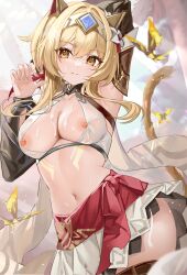 1girls big_breasts blonde_hair breasts cleavage eremite_(genshin_impact)_(cosplay) female genshin_impact loki1998 lumine_(genshin_impact) navel nipples thick_thighs thighs yellow_eyes