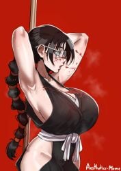 1girls aestheticc-meme alternate_version_available armpits big_breasts black_hair bleach bleach:_the_thousand-year_blood_war blood breasts clothed exposed_thighs female female_only fully_clothed glasses highres katori_batsu'unsai light_skinned_female long_hair mole mole_on_breast polearm solo sweat