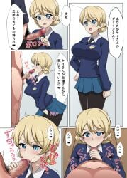 blonde_hair blue_eyes darjeeling fellatio female girls_und_panzer japanese_text male penis st._gloriana's_school_uniform