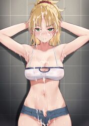 armpits arms_behind_back arms_up bangs bare_arms bare_shoulders blonde_hair blush breasts casual_bukkake cleavage collarbone cowboy_shot cum cum_on_body cum_on_clothes cum_on_hair denim denim_shorts facial fate/apocrypha fate_(series) female frown green_eyes grey_background groin hair_ornament hair_scrunchie highres large_breasts long_hair looking_at_viewer mordred_(fate) mordred_(fate/apocrypha) navel open_clothes open_shorts red_scrunchie scrunchie shorts solo standing stomach try