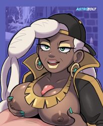 1boy 1boy1girl 1girls areolae artist_name astrozolt_(artist) big_breasts breasts cap cap_backwards dark-skinned_female dark_skin earrings female gilf green_eyes green_nails gym_leader interracial jacket light-skinned_male light_skin male male/female mature_female melanin nail_polish nipples old_woman older_female paizuri penis pokémon pokemon pokemon_sv ryme_(pokemon) straight titjob topless topless_female white_hair yellow_lipstick younger_male