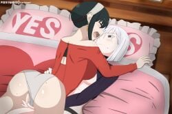 2girls ass assassin black_hair blush clothed_sex female female_only fingering fingering_partner fiona_frost heart-shaped_pupils kurigami laying_on_bed multiple_girls nightfall_(spy_x_family) panties panties_aside partially_clothed pussy saliva spy spy_x_family thorn_princess underwear white_hair yes-no_pillow yor_briar yor_forger yuri