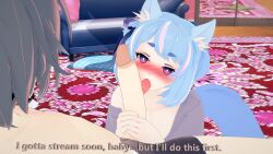 1boy 1girls akira_fujimaru blue_hair blush dick_in_hand dog_boy femboy gay indie_virtual_youtuber licking licking_penis male male_only penis penis_lick penis_out virtual_youtuber vtuber