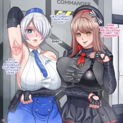 2girls arm_up armpits beret black_shirt black_skirt blue_eyes blue_skirt blush breast_press brid_(nikke) bridal_gauntlets brown_hair emma_(nikke) english_text female female_only fingerless_gloves garuman22 gloves goddess_of_victory:_nikke green_eyes holster huge_breasts long_hair military military_hat military_uniform necktie pleated_skirt smile white_hair white_shirt