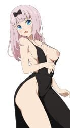 1girls accidental_exposure accurate_art_style aqua_eyes areolae barefoot big_breasts black_dress blue_eyes blush bowtie bowtie_on_head breasts breasts_out chest cleavage coro_fae dress embarrassed exposed_breasts female female_only fujiwara_chika hips kaguya-sama_wa_kokurasetai_~tensai-tachi_no_renai_zunousen~ legs light-skinned_female long_hair looking_at_viewer loose_dress nipple_slip nipples no_bra no_panties official_style one_breast_out open_mouth open_smile pelvic_curtain pink_hair smile solo standing sweatdrop thick_thighs thighs thin_arms wardrobe_malfunction white_background