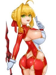 1girls ahoge ass ass_cleavage blonde_hair bodysuit breasts butt_crack butt_window cleavage cosplay fate/extra fate/grand_order fate_(series) green_eyes hair_bun hair_intakes hair_ornament hair_ribbon huge_ass huge_breasts keyhole looking_at_viewer nero_claudius_(fate) open_mouth skin_tight smile smug steamingtofu sword taimanin_(series) taimanin_suit thick_thighs thighs twisted_torso