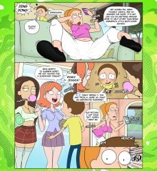 1boy 3girls adult_swim big_breasts english_text female female_focus incogneato jessica_(rick_and_morty) light-skinned_female light-skinned_male light_skin male morty_smith multiple_girls orange_hair rick_and_morty summer_smith text tricia_lange