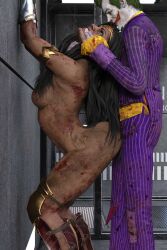 angry arkham_asylum armor black_hair blood dirty finger_to_mouth from_behind green_hair indoors injustice_2 joker muscular_female prison prisoner rape restrained sauronz standing_sex tiara white_skin wonder_woman