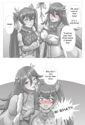 2girls alternate_costume arm_under_breasts blush breasts christmas cleavage cordelia_(fire_emblem) cordelia_(winter)_(fire_emblem) crossed_arms daughter embarrassed english_text female fire_emblem fire_emblem_awakening fire_emblem_fates fire_emblem_heroes frown greyscale large_breasts long_hair looking_up mistletoe monochrome mother mother_and_daughter multiple_girls nintendo official_alternate_costume one_eye_closed rinku_bny selena_(fire_emblem_fates) selena_(winter)_(fire_emblem_fates) severa_(fire_emblem) shocked smile text twintails very_long_hair wink