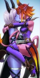 2d 2girls arms_around_neck arms_around_partner demon_girl demonette_maeve eremassu eyes_half_open female female_only furia_(paladins) hand_on_hip horns kissing legs_around_partner maeve_(paladins) paladins soul_stealer_furia sucking_tongue tail tail_wrapped_around_body yuri