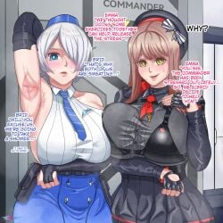 2girls arm_up armpits beret black_shirt black_skirt blue_eyes blue_skirt blush breast_press brid_(nikke) bridal_gauntlets brown_hair emma_(nikke) english_text female female_only fingerless_gloves garuman22 gloves goddess_of_victory:_nikke green_eyes holster huge_breasts long_hair military military_hat military_uniform necktie pleated_skirt smile white_hair white_shirt