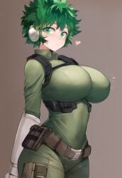 ai_generated arms_behind_back belt breasts expressionless female_deku green_eyes green_hair heart huge_breasts izuku_midoriya large_breasts merukuma military military_uniform my_hero_academia robotic_arm rule_63 short_hair tagme wide_hips