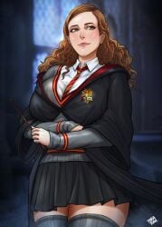 1girls alternate_body_type alternate_breast_size breasts brown_hair busty eyebrows eyelashes female female_only gryffindor gryffindor_symbol gryffindor_tie hair harry_potter hermione_granger hips hogwarts_robe hourglass_figure legs lips nose robe solo solo_female thick_legs thick_thighs thighs tora_tora voluptuous wand wide_hips witch_(harry_potter)