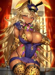 1girls animal_ears animal_print arm_support backlighting blonde_hair blurry blurry_background blush breasts bunnystein_fantasy celica_(bunnystein_fantasy) cheetah_print cheetah_print_bra cheetah_print_underwear cuffs curtains dark-skinned_female dark_skin elbow_gloves fake_animal_ears female gan_(shanimuni) garter_straps gloves gyaru hand_up handcuffs hat highleg highleg_leotard large_breasts leotard lips lipstick long_hair looking_at_viewer makeup mole mole_under_eye police police_hat police_uniform policewoman ponytail rabbit_ears shiny_skin simple_background sleeveless smile solo sweat sweatdrop thighhighs thighs yellow_eyes zipper zipper_pull_tab