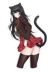 animal_ears black_hair blake_belladonna blush cat_ears cat_tail catgirl clothed embarrassed evangellium leggings long_hair looking_at_viewer looking_back pout ribbon rwby school_uniform skirt skirt_lift tail thighhighs thighs yellow_eyes