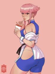 1girls bangs belt big_butt black_belt blue_eyes butt capcom clothed cowboy_shot dougi drink drinking_straw drinking_straw_in_mouth female female_only hip_vent holding_drink leotard long_sidelocks looking_at_viewer manon_legrand martial_arts_belt off_shoulder panty_straps pink_hair pinky_out side_view sidelocks simple_background solo street_fighter street_fighter_6 sweatband volt_crocodile wristband