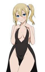 1girls accurate_art_style areola_slip bare_shoulders big_breasts black_dress blonde_hair blue_eyes blush breasts chest coro_fae cute dress embarrassed female female_only hair_between_eyes hairband hands_on_own_chest hayasaka_ai highres hips kaguya-sama_wa_kokurasetai_~tensai-tachi_no_renai_zunousen~ light-skinned_female looking_at_viewer loose_dress medium_hair nervous_smile no_bra no_panties official_style pelvic_curtain ponytail shy side_ponytail solo standing sweatdrop thick_thighs thighs wavy_mouth white_background yellow_hair