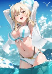 1girls armpits beach_ball bikini blonde_hair breasts cloud curvaceous curvy female genshin_impact hi_res human large_breasts lumine_(genshin_impact) navel open_mouth sky smile swimwear water xkirara39x yellow_eyes