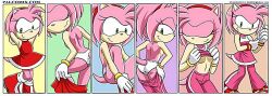 1girls amy_rose bbmbbf breasts closed_eyes clothing comic dress dressing getting_dressed gloves headband hedgehog medium_breasts mobius_unleashed no_bra no_bra_under_clothes no_humans no_shirt open_eyes palcomix panties pants partially_clothed pink_hair putting_clothes_on red_dress small_breasts smile sonic_(series) sonic_riders tail underboob underwear upscaled