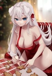 big_breasts blue_eyes christmas cookies dog_ears dog_girl virtual_youtuber vyugen white_hair yuniiho_(character)