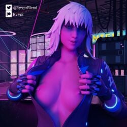 breasts exposed_breasts fortnite fortnite:_battle_royale harlowe_(fortnite) looking_at_viewer opening_jacket pink_skin ryyprblend white_hair