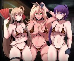 3girls ass ass_visible_through_thighs bangs bikini blonde_hair blush braid brown_hair cleavage dolla_(nikke) earrings fan fangs female female_only gloves goddess_of_victory:_nikke green_eyes grimmelkin gyaru large_breasts leopard_print long_hair medium_breasts micro_bikini multiple_girls ponytail purple_eyes purple_hair red_eyes rupee_(nikke) smile tan_body thigh_strap thighs yan_(nikke)