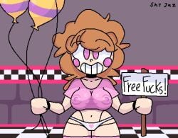 animatronic balloons brown_hair five_nights_at_freddy's heart jj_(fnaf) panties pink_eyes pink_stockings pink_t-shirt robot robot_girl shy_jaz stockings t-shirt text white_panties