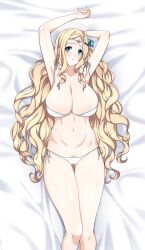 1girls angel_girl armpits arms_up bed bikini blonde_hair blue_eyes blush dakimakura female female_focus female_only gabriel_(high_school_dxd) halo high_school_dxd huge_breasts lindaroze long_hair looking_at_viewer on_back on_bed side-tie_bikini solo solo_female solo_focus wavy_hair white_bikini