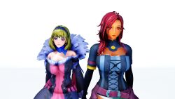 2girls 3d alternate_costume alternate_hairstyle bare_thighs belt breasts constance_von_nuvelle corset dark-skinned_female dark_skin dress elbow_gloves female fire_emblem fire_emblem:_three_houses fire_emblem_warriors:_three_hopes gloves hapi_(fire_emblem) izuki large_breasts long_hair long_sleeves medium_hair multicolored_hair multiple_girls official_alternate_costume official_alternate_hairstyle panties red_eyes red_hair smile thighs white_background white_panties