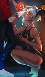 1boy 1girls ankaeverlasting bea_(pokemon) breast_grab clothed_sex cum cumshot grabbing_own_breast handjob leotard penis pokemon short_hair squatting white_hair