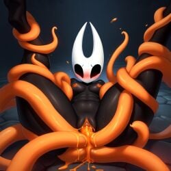 ai_generated blush breasts embarrassed frosting.ai furry furry_only hollow_knight hornet_(hollow_knight) looking_at_viewer nude nude_female orange_nipples orange_tentacles tentacle