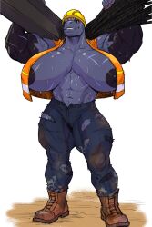 1female 1girls abs anthro areola areola_slip biceps big_breasts black_areola black_nipples blue_body boots breasts brown_boots construction_helmet construction_worker elbow_gloves erect_nipples female female_machoke gigantic_breasts hard_hat huge_breasts machoke muscular muscular_arm muscular_female muscular_legs muscular_thighs nipple_slip nipples orange_jacket pokemon pokemon_(species) rebar red_fingernails red_nails revealing_clothes rexpecs ripped_jeans ripped_pants scar_on_breasts scars_on_breast solo standing strong strong_woman sweat sweating sweaty tight_pants