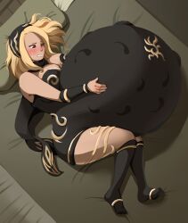 1girls blush blush fetal_movement gravity_rush hyper hyper_belly hyper_pregnancy kaijinx kat_(gravity_rush) laying_on_bed pregnant solo